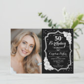 Invitation Black Silver White Photo 50th Birthday (Debout devant)