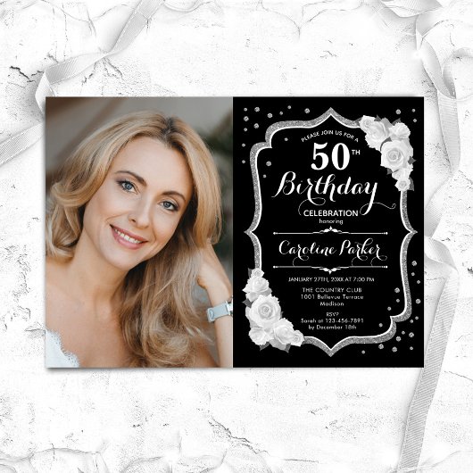 Invitation Black Silver White Photo 50th Birthday