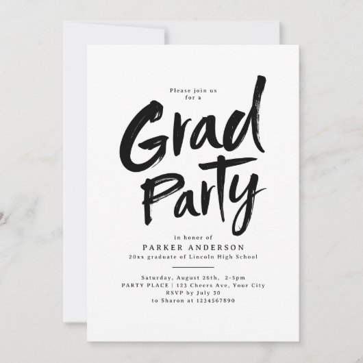Invitation Black Simple Moderne Brush Script Grad Party (Devant)