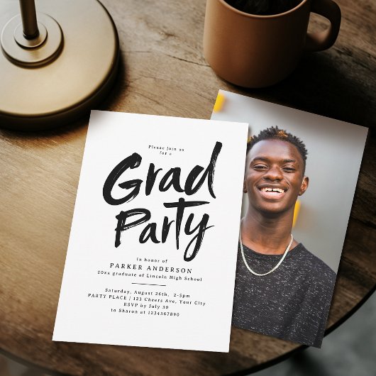 Invitation Black Simple Moderne Brush Script Grad Party