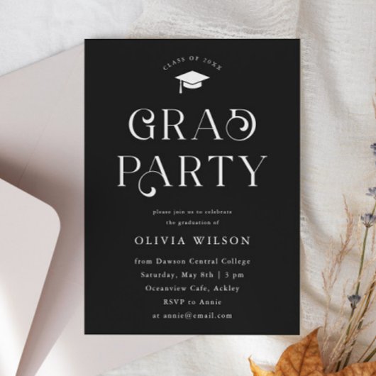 Invitation Black Simple Typographie Grad Party