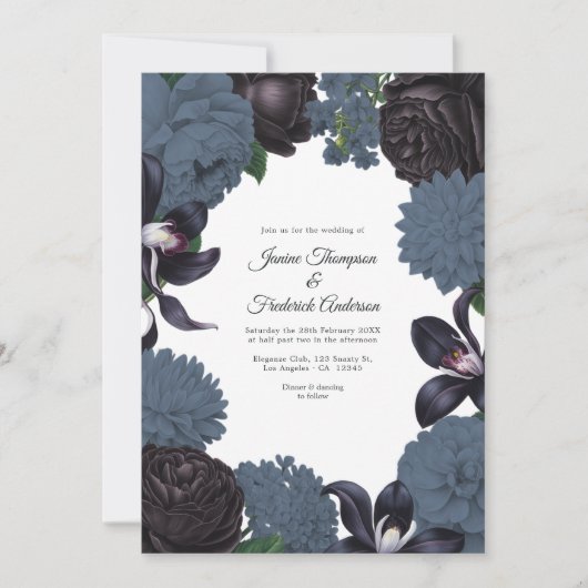 Invitation Black & Slate Photo/QR Code Floral Wedding (Devant)