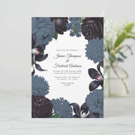 Invitation Black & Slate Photo/QR Code Floral Wedding (Debout devant)