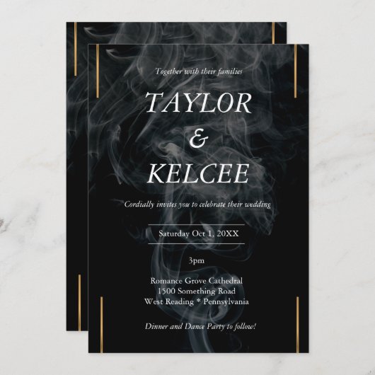 Invitation Black Smoke Gold Mariage personnalisable (Devant / Derrière)