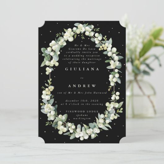 Invitation Black Snowberry+Eucalyptus Réception de mariage un (Debout devant)