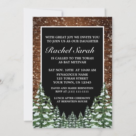 Invitation Black Snowy Bois & Forêt Pine Bar Bat mitzvah (Devant)