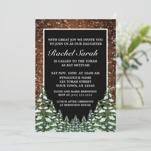 Invitation Black Snowy Bois & Forêt Pine Bar Bat mitzvah (Debout devant)