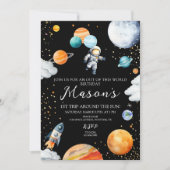 Invitation Black Space Astronaut Balloon Planets 1st Trip (Devant)