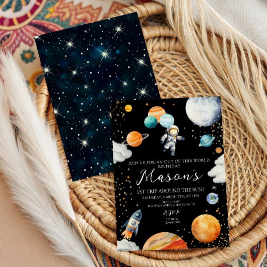 Invitation Black Space Astronaut Balloon Planets 1st Trip