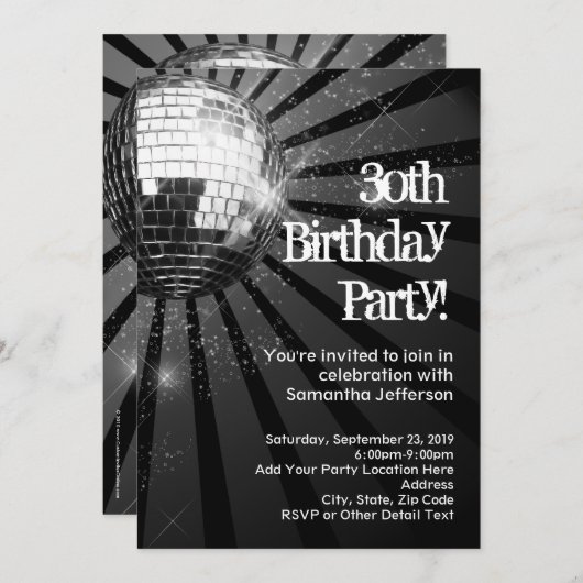 Invitation Black Sparkle Disco Ball 30e anniversaire (Devant / Derrière)
