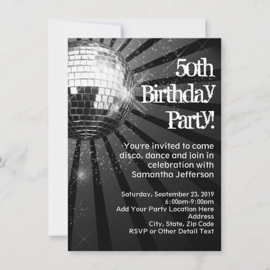 Invitation Black Sparkle Disco Ball 50ème anniversaire (Devant)