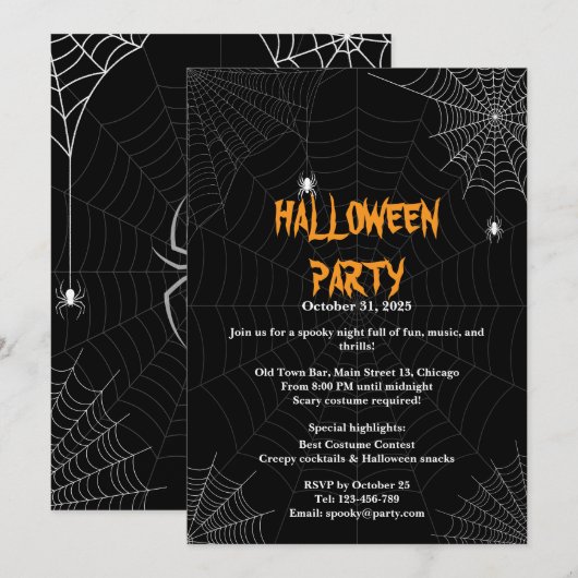Invitation Black Spider Web Typographie Halloween Party (Devant / Derrière)