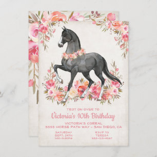 Invitation Black Stallion fleurie Cheval fête d'anniversaire