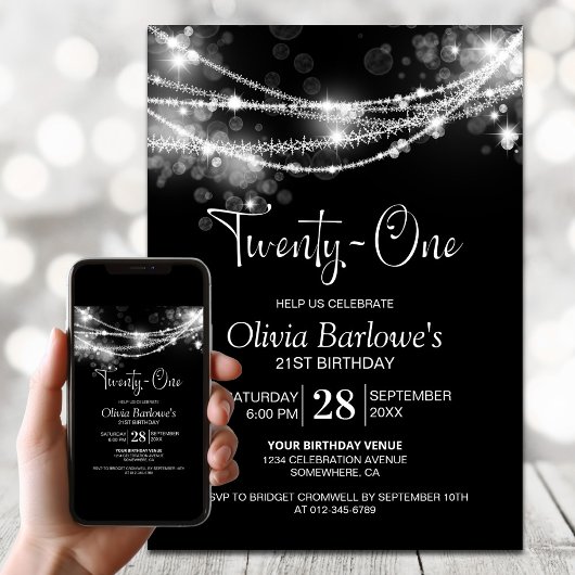 Invitation Black String Lights 21e fête d'anniversaire
