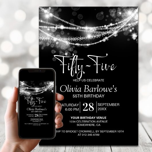Invitation Black String Lights 55e fête d'anniversaire