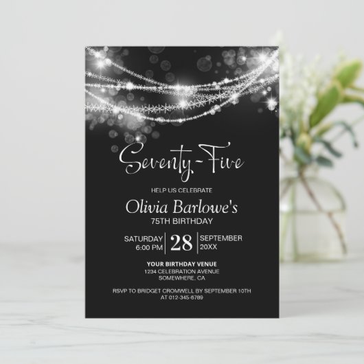 Invitation Black String Lights 75e fête d'anniversaire (Debout devant)