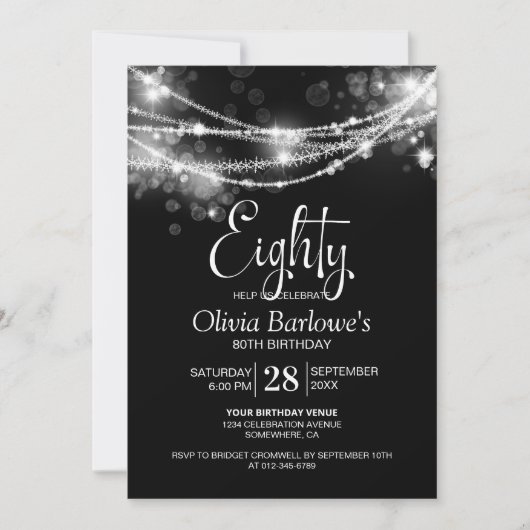 Invitation Black String Lights 80e fête d'anniversaire (Devant)