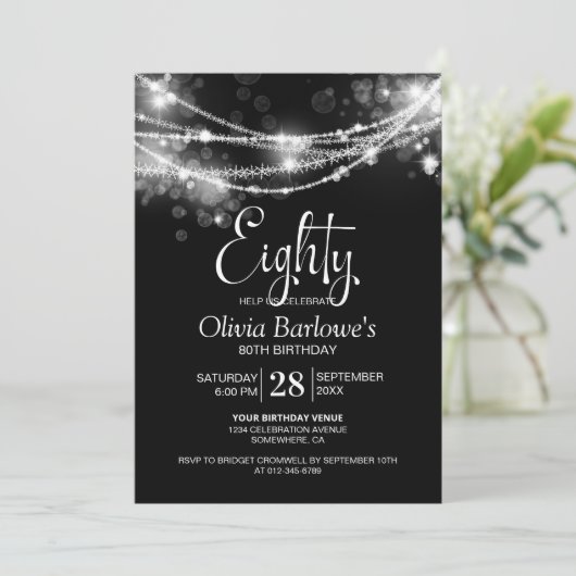 Invitation Black String Lights 80e fête d'anniversaire (Debout devant)