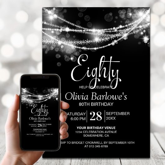 Invitation Black String Lights 80e fête d'anniversaire