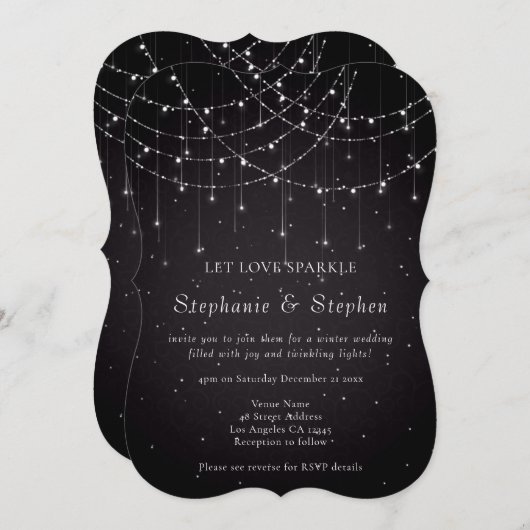 Invitation Black String Lights QR Code Mariage festif (Devant / Derrière)