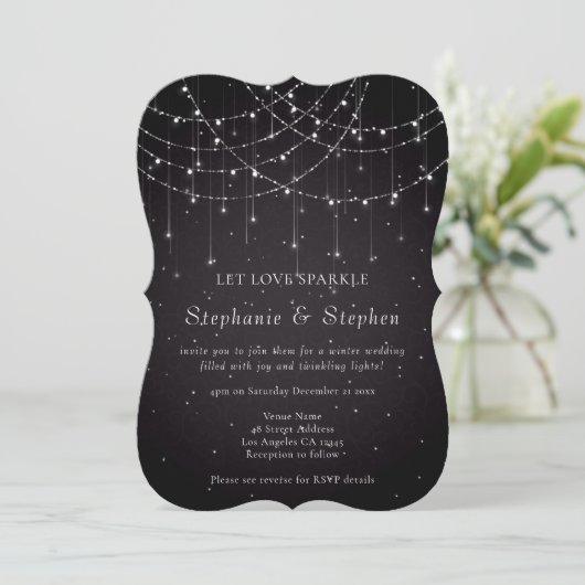 Invitation Black String Lights QR Code Mariage festif (Debout devant)