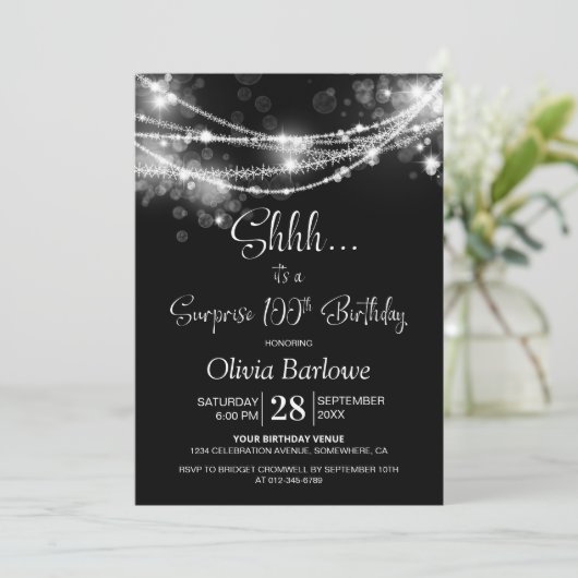 Invitation Black String Lights Surprise 100e fête d'anniversa (Debout devant)