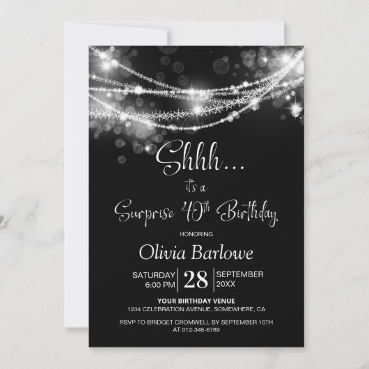 Invitation Black String Lights Surprise 40e fête d'anniversai (Devant)