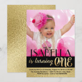 Invitation Black Stripe Gold photo premier anniversaire (Devant / Derrière)