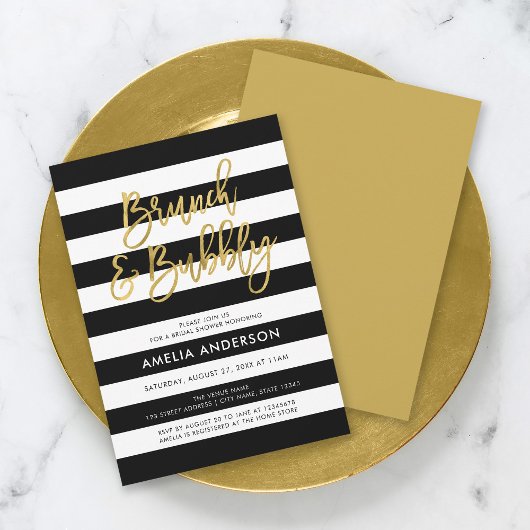 Invitation Black Stripes Gold Brunch & Bubbly Fête des mariée