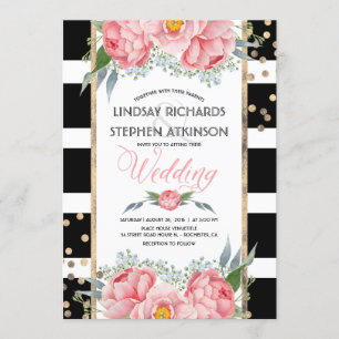 Invitation Black Stripes Gold Confetti Mariage floral rose