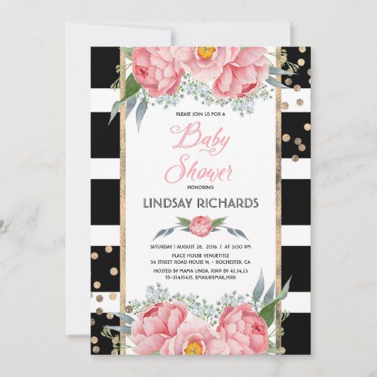 Invitation Black Stripes Gold et rose Baby shower Floral (Devant)