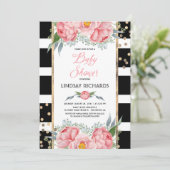 Invitation Black Stripes Gold et rose Baby shower Floral (Debout devant)