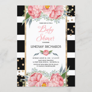 Invitation Black Stripes Gold et rose Baby shower Floral