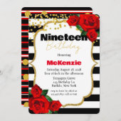 Invitation Black Stripes Rose rouge Fille 19e fête d'annivers (Devant / Derrière)