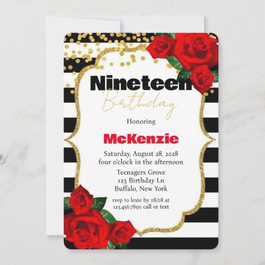 Invitation Black Stripes Rose rouge Fille 19e fête d'annivers (Devant)