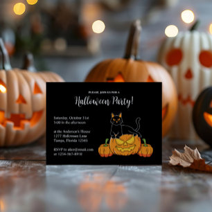 Invitation Black Stylish Halloween Party Chat & Citrouille Im