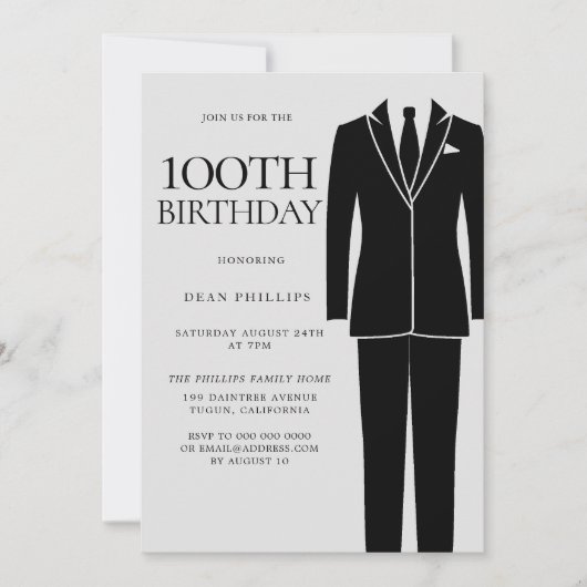 Invitation Black Suit & Cravate Mens 100e fête d'anniversaire (Devant)