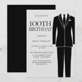 Invitation Black Suit & Cravate Mens 100e fête d'anniversaire (Devant / Derrière)