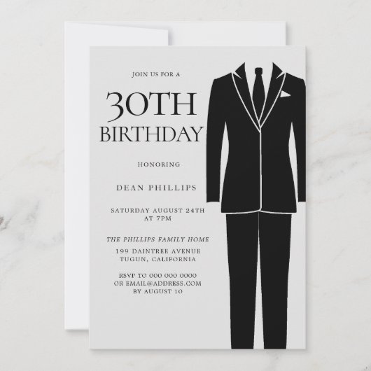 Invitation Black Suit & Cravate Mens 30e fête d'anniversaire (Devant)