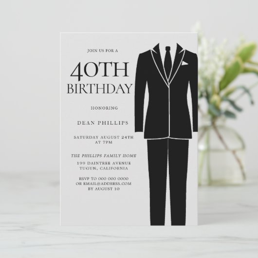 Invitation Black Suit & Cravate Mens 40e fête d'anniversaire (Debout devant)