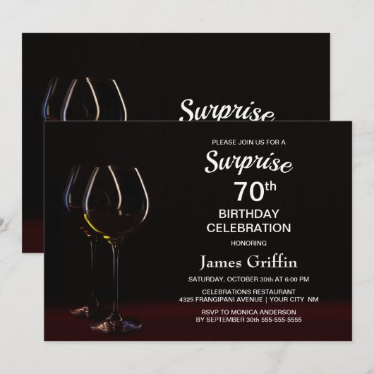 Invitation Black Surprise 70e Anniversaire Vin Glass Party (Devant / Derrière)