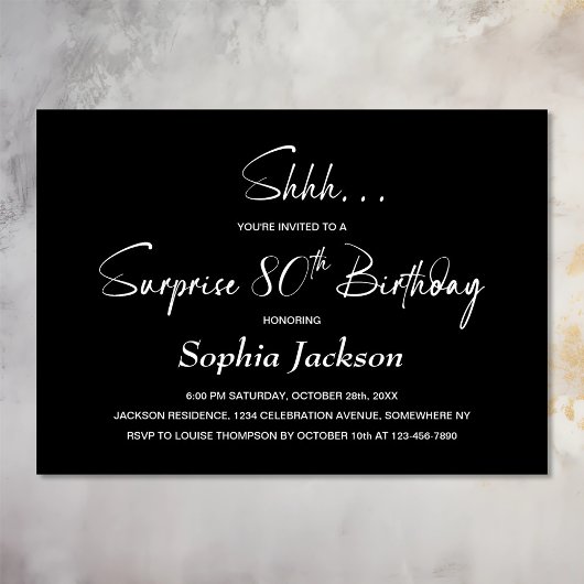 Invitation Black Surprise 80e fête d'anniversaire