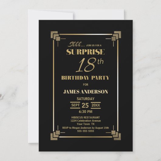 Invitation Black Surprise moderne 18e fête d'anniversaire (Devant)