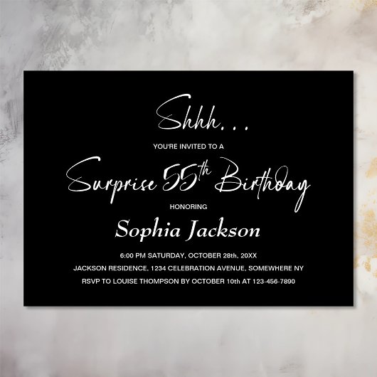 Invitation Black Surprise moderne 55e fête d'anniversaire