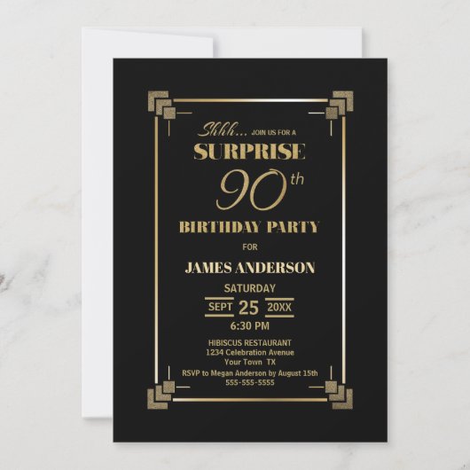 Invitation Black Surprise moderne 90e anniversaire (Devant)