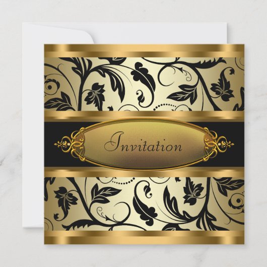 Invitation Black Swirl Vines Black Gold All Occasion Party (Devant)