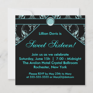 Invitation Black Teal Blue Damask Sweet Sixteen