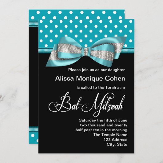 Invitation Black Teal Blue Polka (Devant / Derrière)