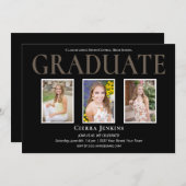 Invitation Black Three Photo Graduation Party (Devant / Derrière)