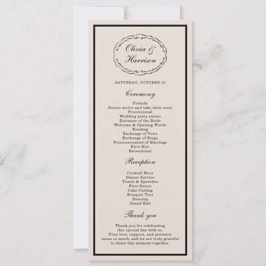 Invitation Black Tie Wedding Classic Program Card (Devant)